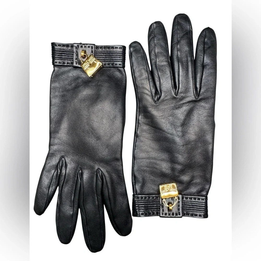 Hermes Kelly Constance Gold Amulette Black Lambskin Leather Gloves Size XS 6.5